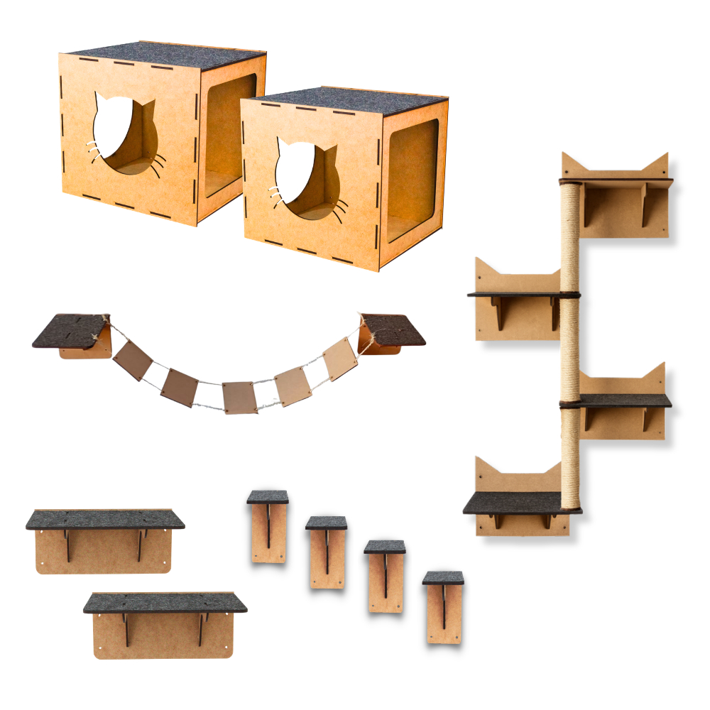 Kit Playground para Gato 10 pçs Parquinho Gatos Ponte Nichos Prateleiras Mdf 4mm Escalador Diversao