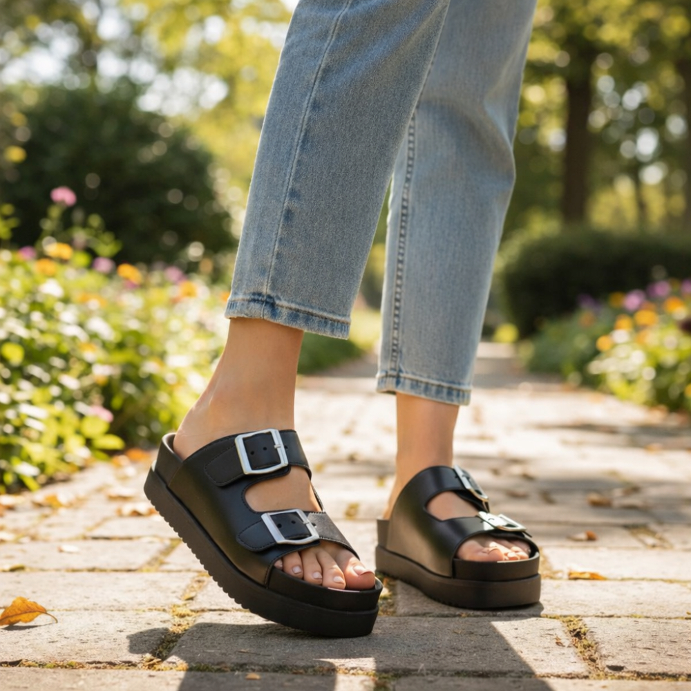 Sandália Papete Birken Feminina Slide Flat Plataforma Baixa Com Fivela Ajustável Macia Confortável Tendência de Verão