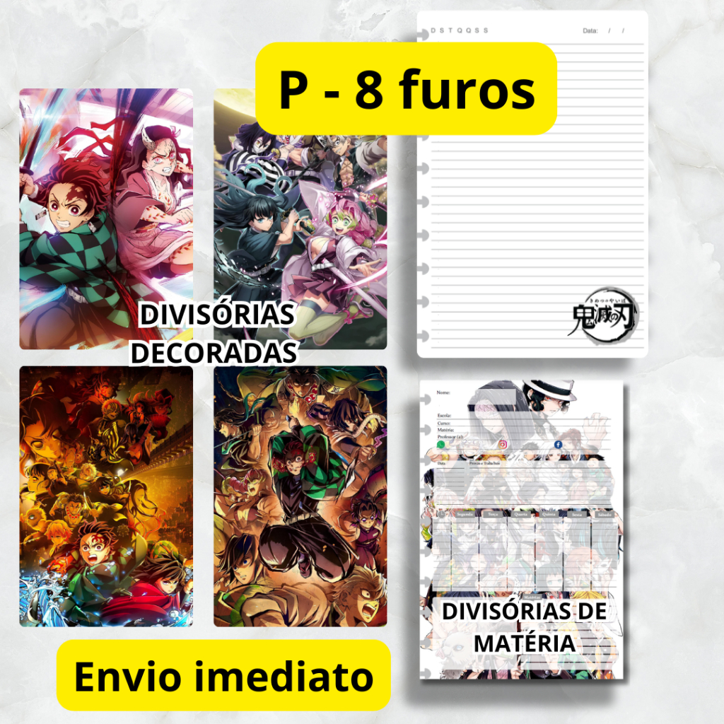 REFIL 100 FOLHAS PARA CADERNO DE DISCO DEMON SLAYER (P - 8 FUROS) E KIT DIVISÓRIA
