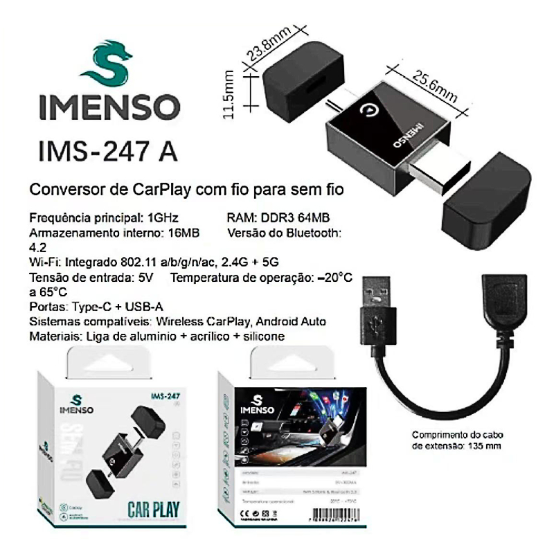 Adaptador Carplay IMS-247A Com Fio para Sem Fio