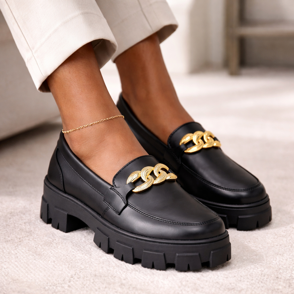 Mocassim Feminino Tratorado Preto Solado Grosso Borracha Antiderrapante Fashion Confortável