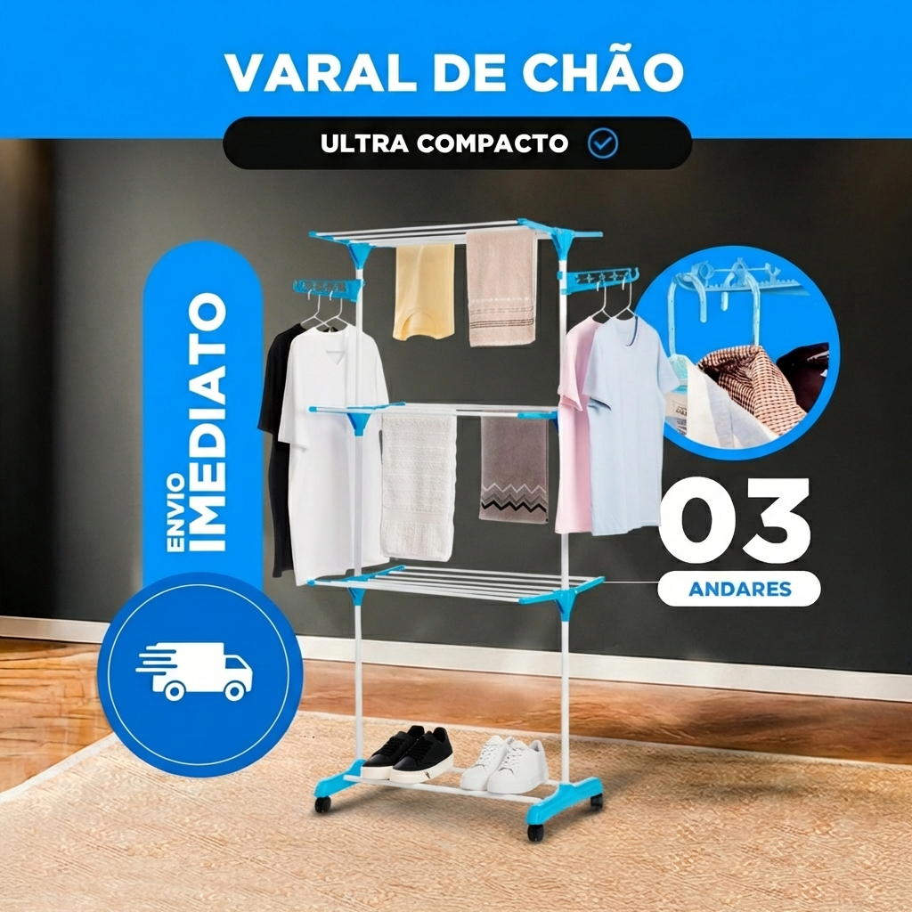 Varal De Chão Roupa Calcinha Prateleiras 3 Andares Dobrável Portátil