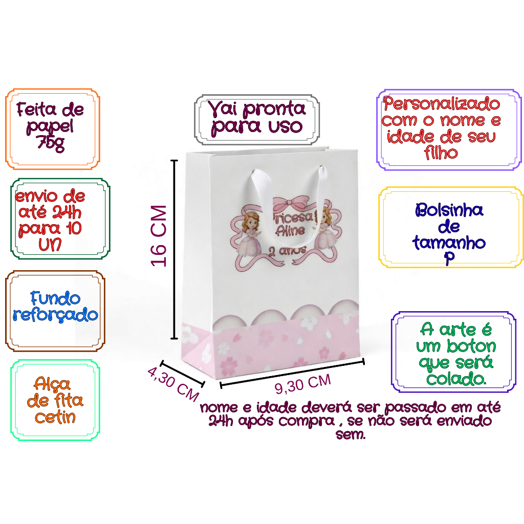 Sacola Lembrancinha Princesinha  Personalizada | Surpresa Aniversário  Nome Idade Festa Rosa alça fita 10 un