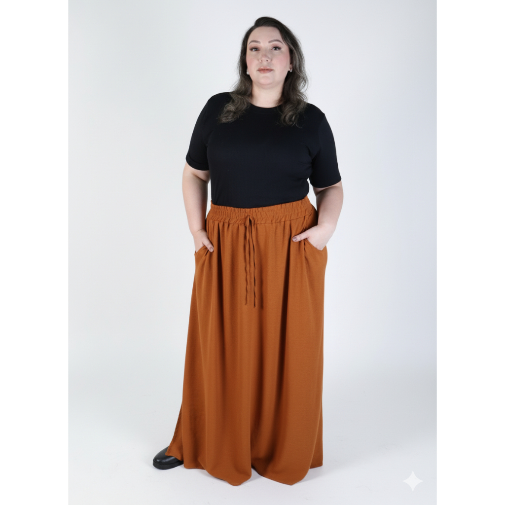 SAIA LONGA PLUS SIZE COM ELÁSTICO NA CINTURA BOLSOS E FENDAS LATERAIS G1 AO G3 em Oferta na Shopee