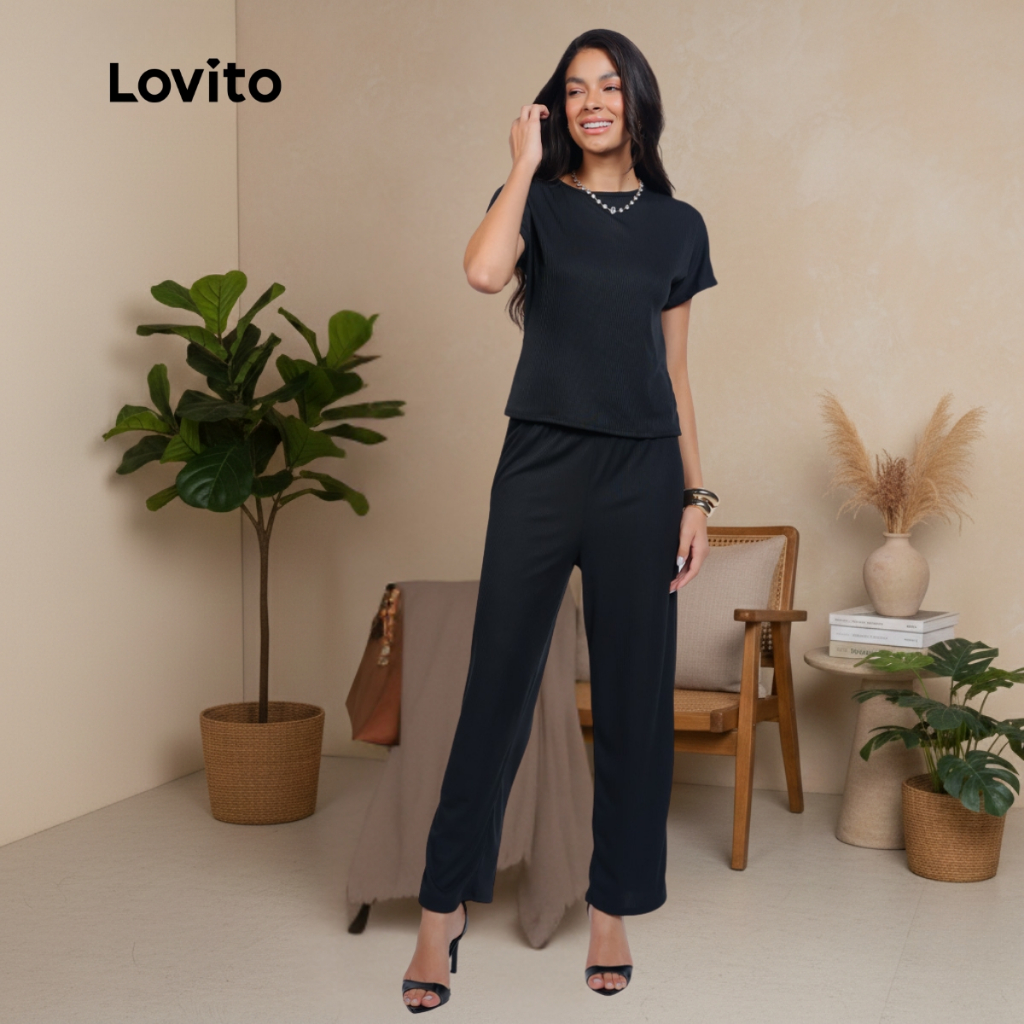 Lovito Conjunto Top e Calca Longa Chic Elegante Moda Feminina Malha BRPSNS57BX050 · foto 2