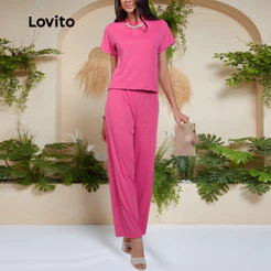 Lovito Conjunto Top e Calca Longa Chic Elegante Moda Feminina Malha BRPSNS57BX050