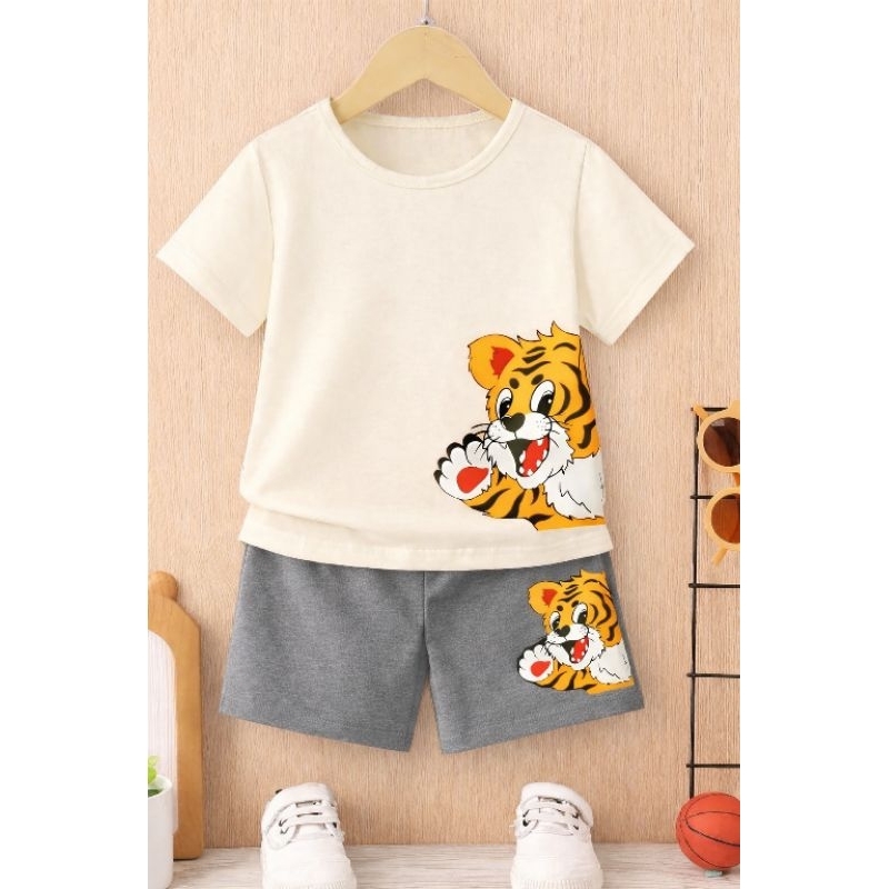 Conjunto infantil menino 2 peças camiseta regata e bermuda moletinho Tactel estiloso dia a dia estampados tigre