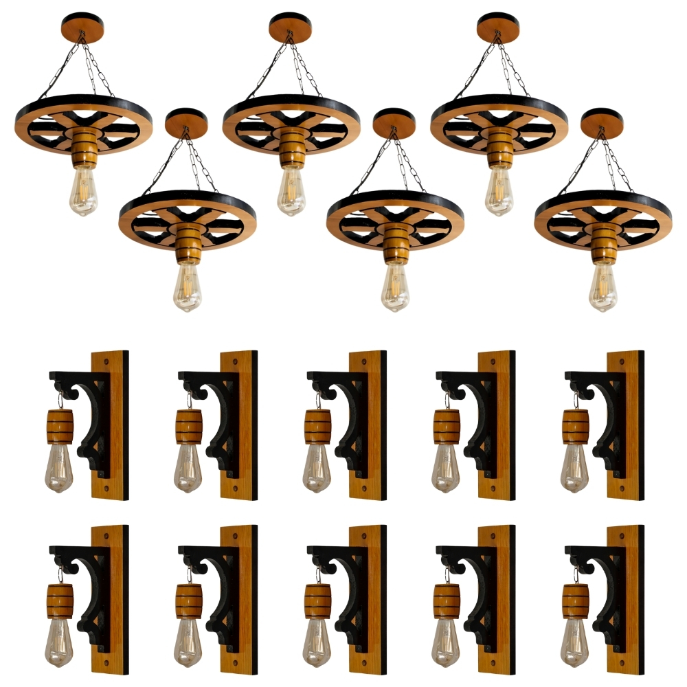 Kit 16 Luminárias Pendente Roda de Carroça e Luminárias Arandela Clássica Para Decoração - Cerejeira