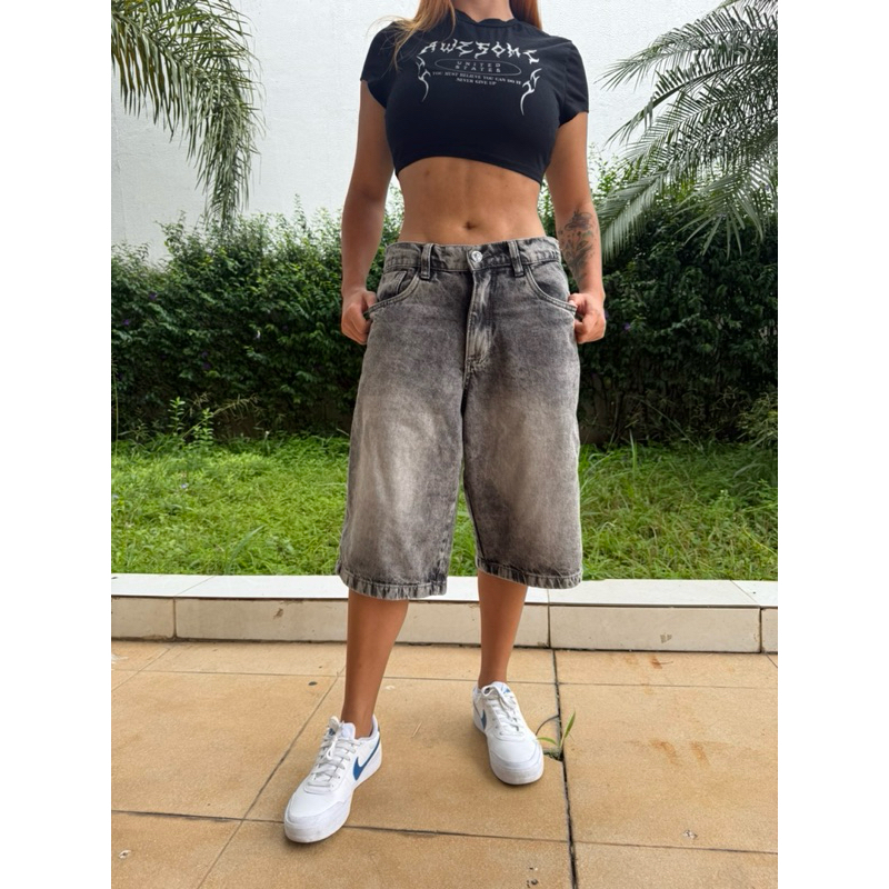 Jorts jeans estonada bermuda feminima baggy larga balão streetwear larga verão festival