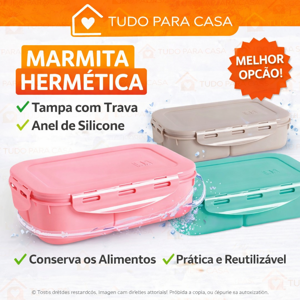 Marmita com Divisória Tampa com Anel de Silicone Travas Herméticas unidade e kits