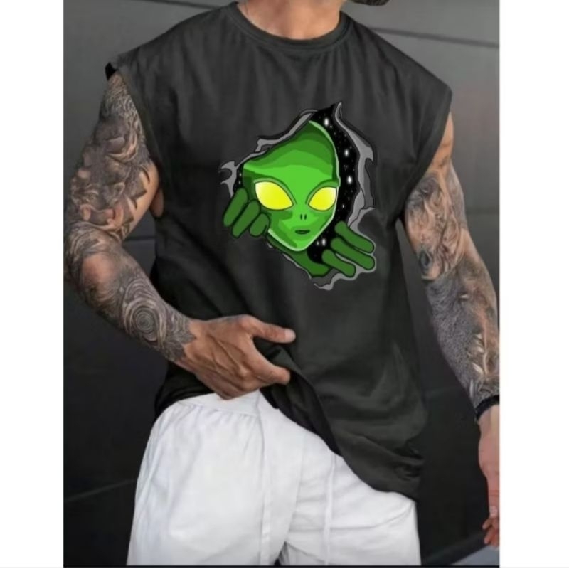 Camiseta Regata Oversized Estampada Alien Masculina Estilo Streetwear Academia Treino Fitness Casual Verão