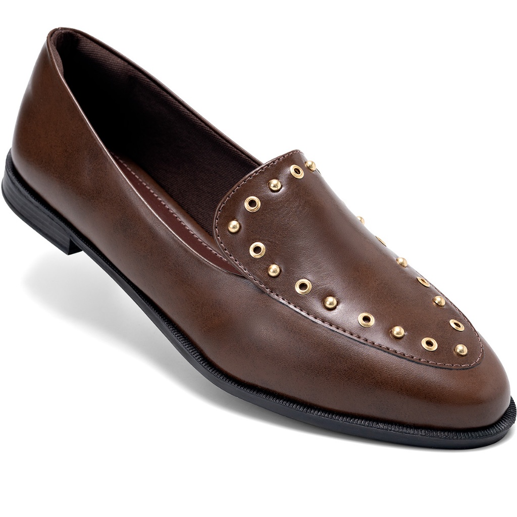 Mocassim Feminino Lumiss Baixo Bico Redondo Tachas Ilhós Dourado Confortável em Oferta na Shopee