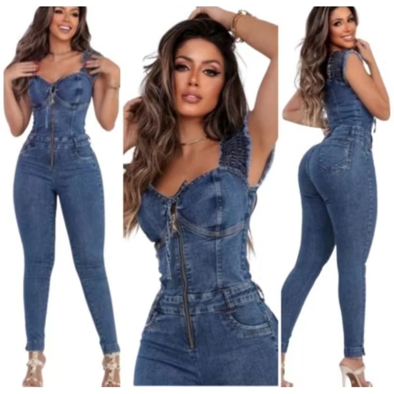 Macacão Jeans Feminino Longo com lycra com Ziper Manga Curta look Real