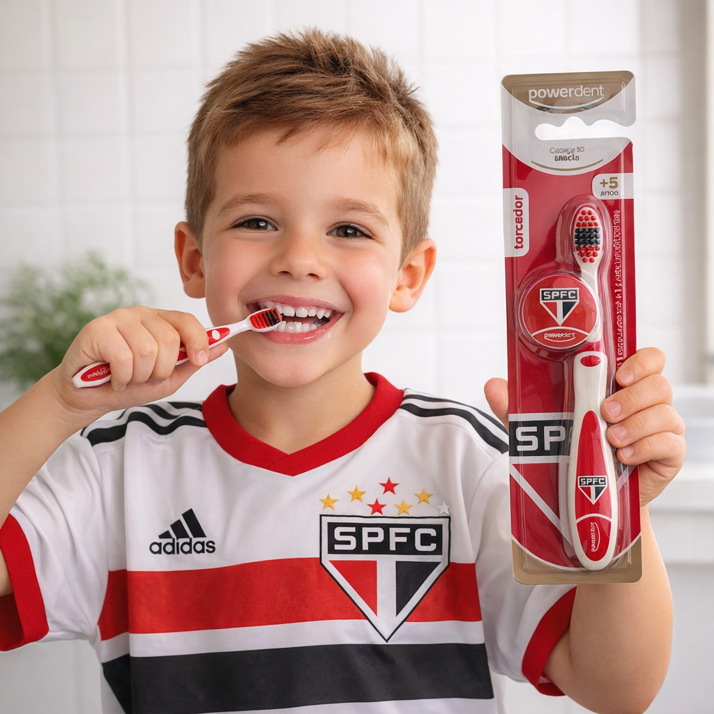 Escova Dental Infantil Kids Torcedor São Paulo Cerdas Macias Powerdent em Oferta na Shopee