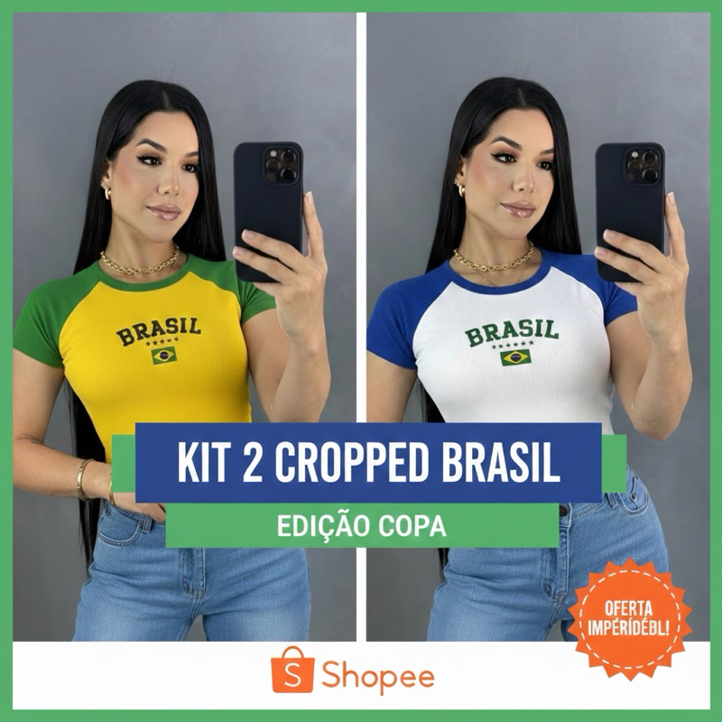Kit 2 Cropped do Brasil Feminino Ribana Bicolor Manga Curta Babylook Copa Gringa Estilosa em Oferta na Shopee