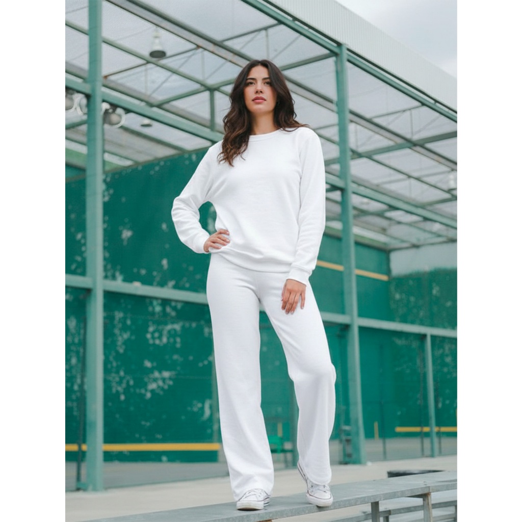 Conjunto Wide Leg Calça Moletom Gola Redonda Moletinho Larga Pantalona Confortável Despojada