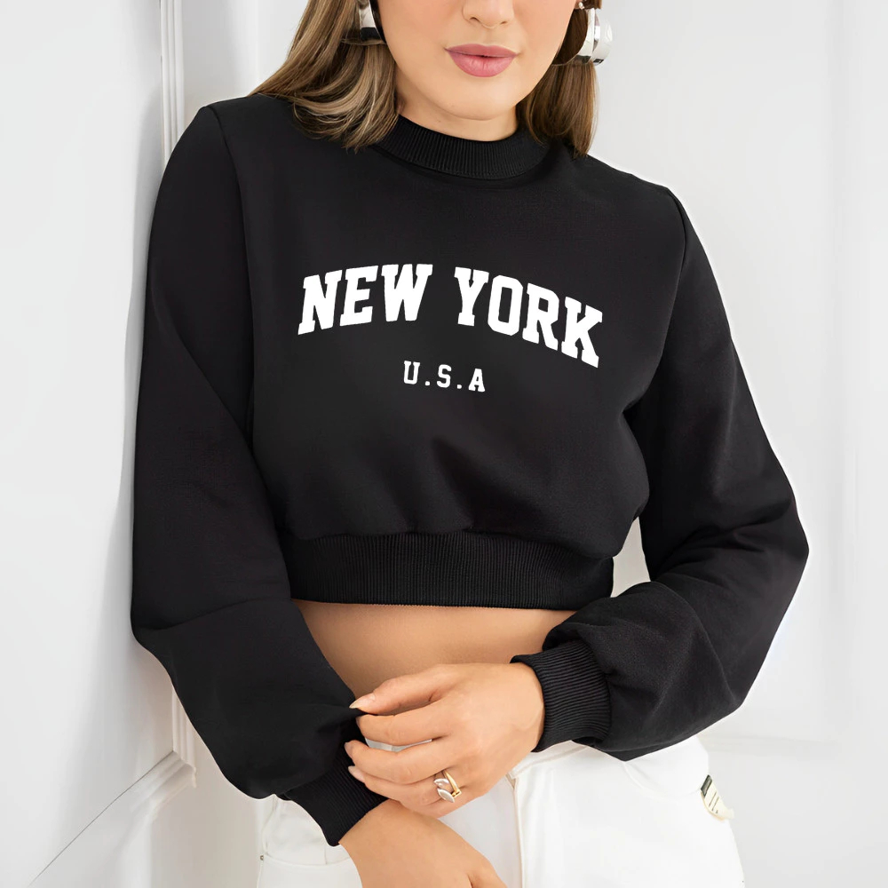 Cropped de Moletom Street Wear Estampado New York Usa Blusa De Frio Curta Com Manga Longa Quentinho em Oferta na Shopee