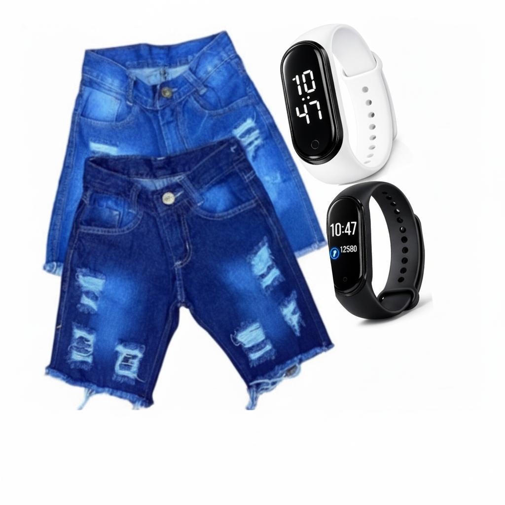 Kit Infantil Menino Bermuda Jeans + Relógio Esportivo em Oferta na Shopee
