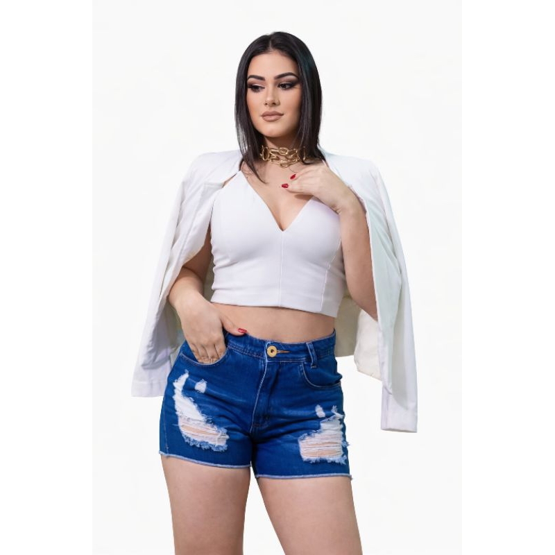 Short Jeans Feminino Premium – Laser + Destroyed em Oferta na Shopee