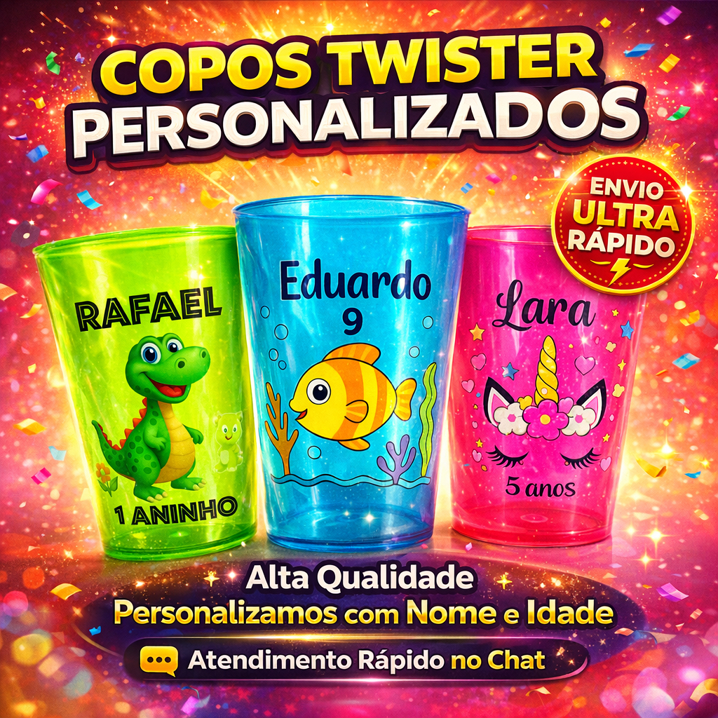 Kit 40 Copos Twister Caldereta 300ml Personalizado Evento Lembrancinha Festa Aniversário Infantil