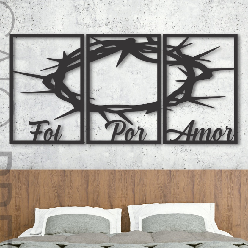 Placa Quadro Decorativo Foi Por Amor Três Peças Conjunto Madeira MDF Com Fita Dupla Face Adesiva Preto Fosco