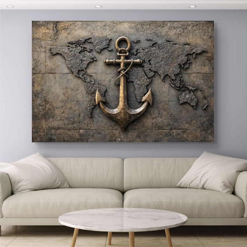 Quadro Decorativo Âncora Náutica Com Mapa Múndi MDF 110x70 Arte Vintage Moderna Para Sala Escritório