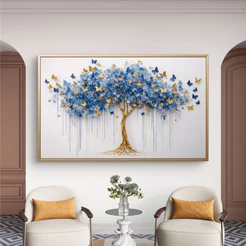 Quadro Decorativo Árvore Azul com Borboletas Douradas MDF 110x70 Arte Moderna Luxo Para Sala