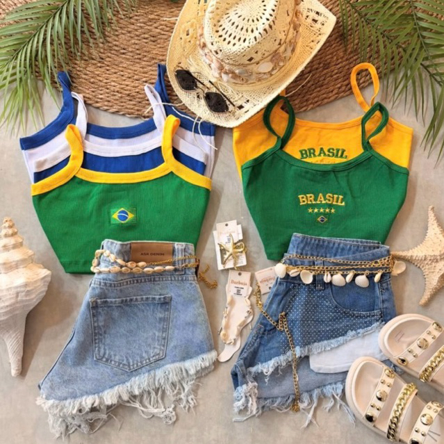 Top Cropped Feminina Bandeira do Brasil Bordado Regata Ribana Canelada Bicolor Copa do Mundo 2026