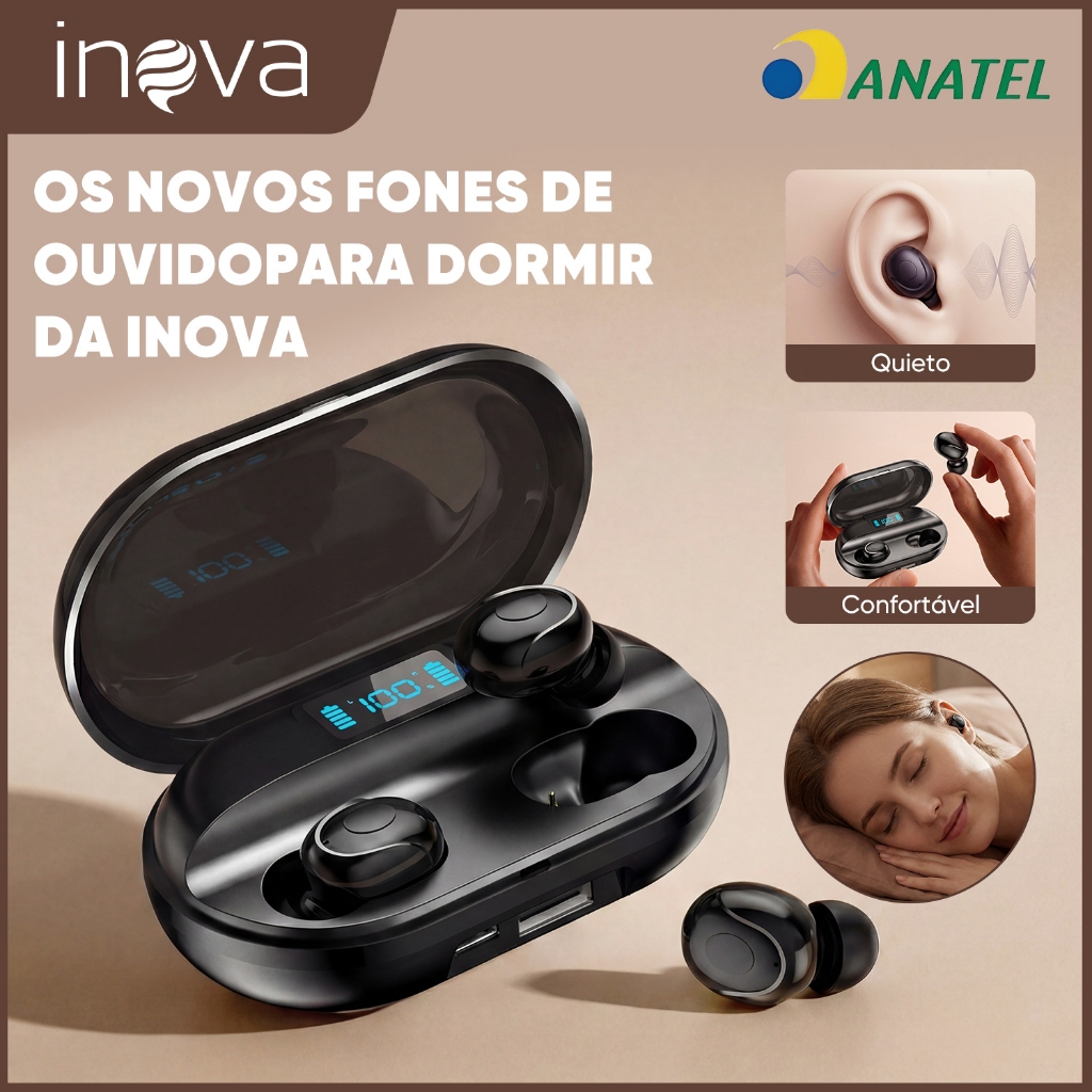 INOVA Fone Bluetooth Dormir 5.4 Cancelamento Ruído 43dB Conforto Lateral Estéreo HD Bateria 30h IPX5 Viagem Original em Oferta na Shopee