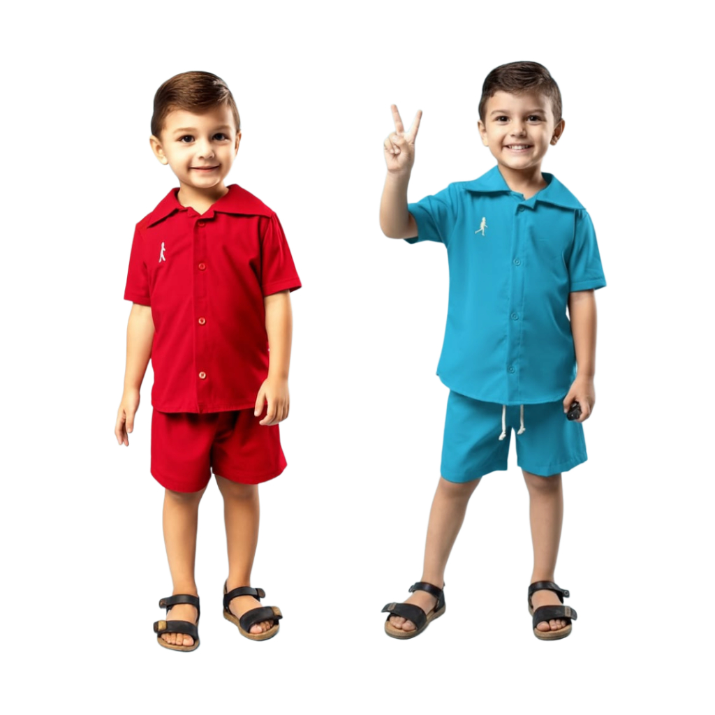 Kit 2 Conjuntos Infantil Masculino Vermelho + Outra Cor com Camisa de Botão e Short Bermuda Crepinho Menino Verão