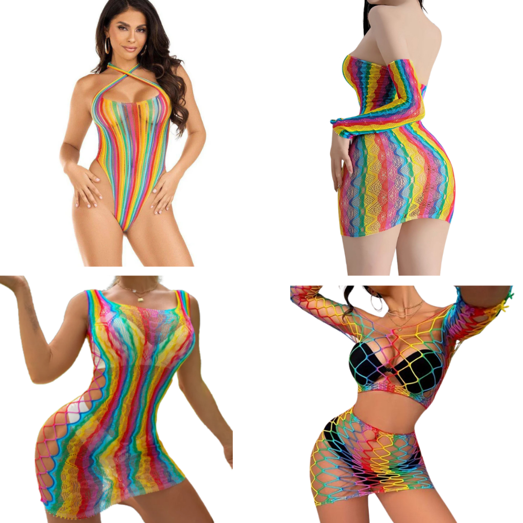 Bodystockin Colorido Vestido Arrastão sexy Carnaval Fashion Aro Iris Lgbt