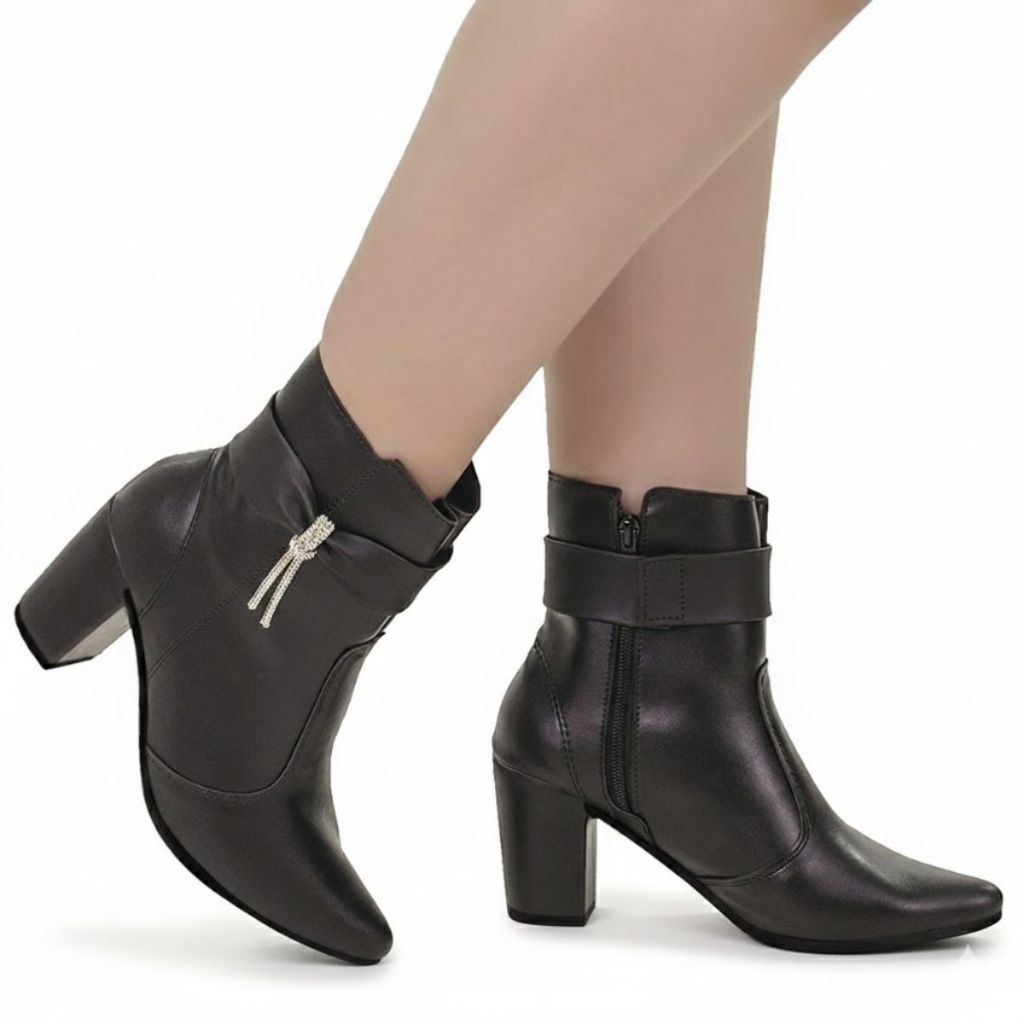 Bota Bico Fino Feminina com Zíper Lateral Cano Curto Salto com Acessório Lacinho 204 em Oferta na Shopee