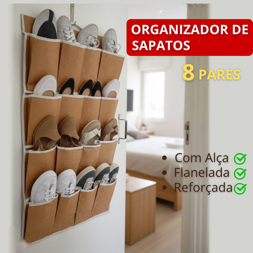 Sapateira 8 Pares Flanelada Com Alça P/ Pendurar Atrás da Porta Organizador Sapatos Sandálias Tênis