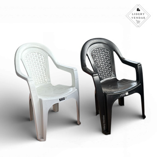 Cadeira de Plástico Reforçada com Braço Branca Preta para Festa em Oferta na Shopee