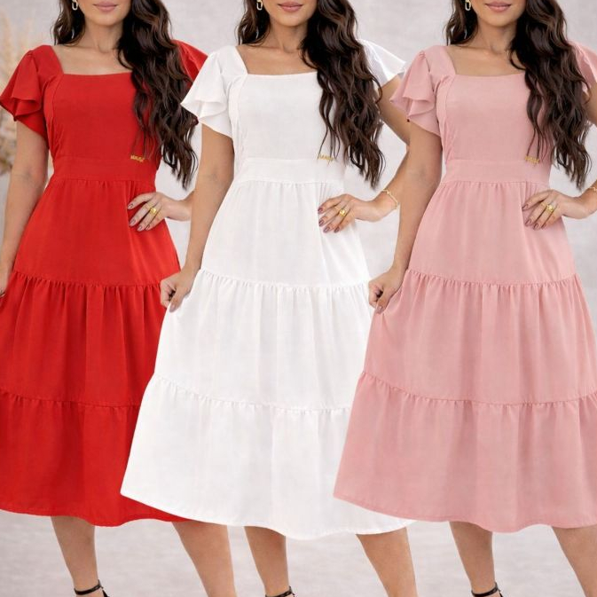 Vestido Feminino Midi Evangélico Acinturado em Sedinha Manga curta casual em Oferta na Shopee