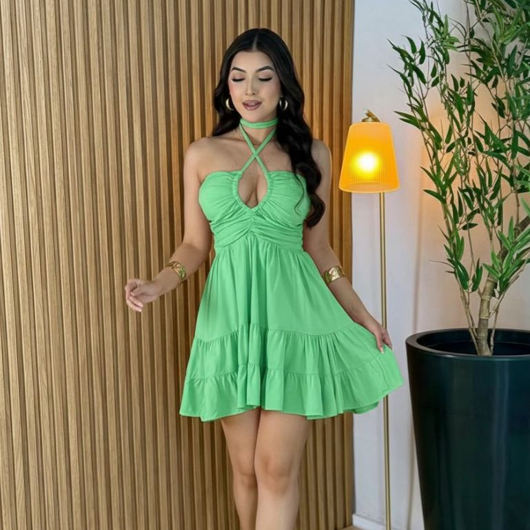 Vestido Feminino Curto Soltinho Acinturado com Babados e Amarração frontal Multiformas em Oferta na Shopee