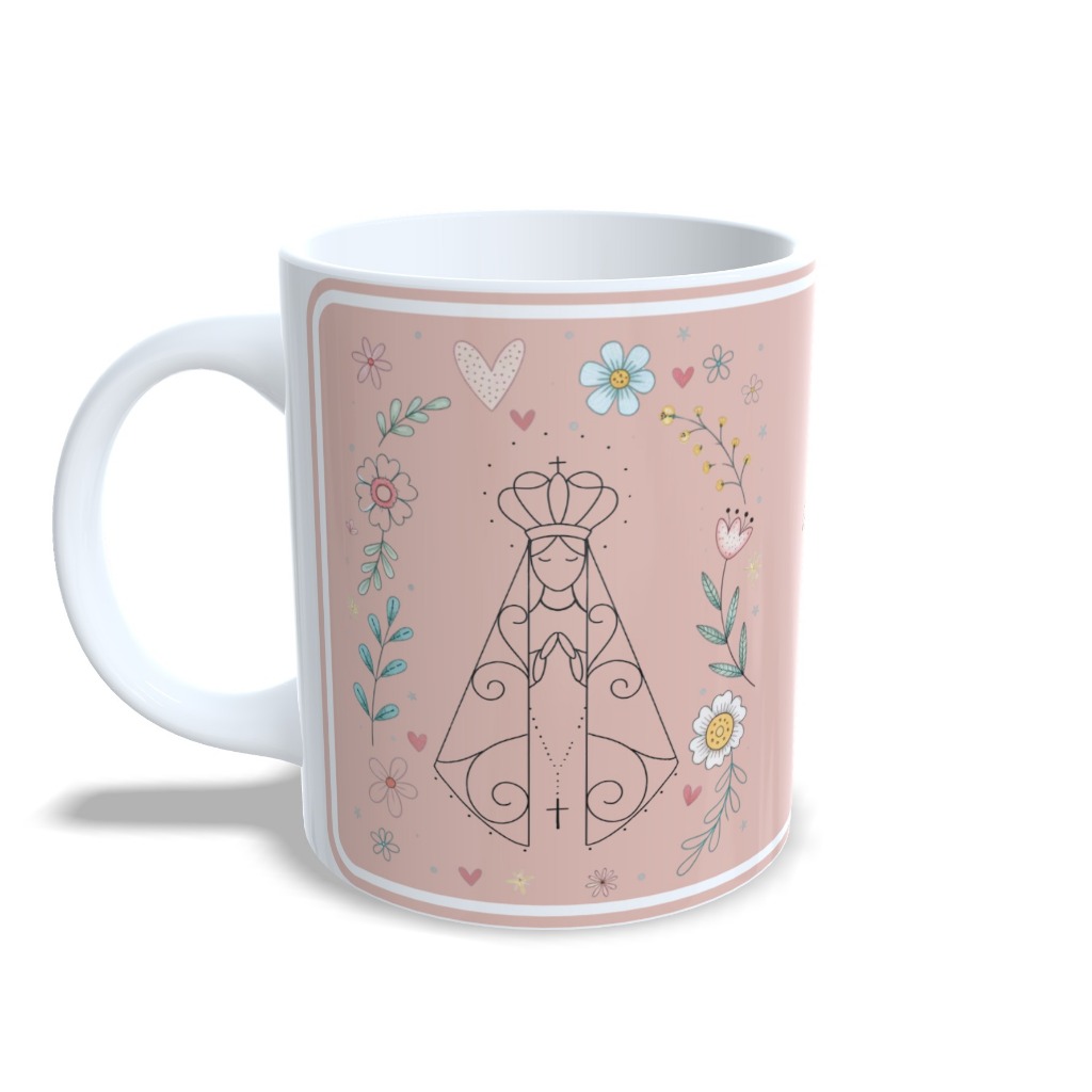 Caneca Nossa Senhora Aparecida com Flores Diversas Cores