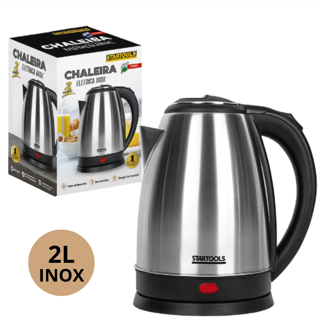 Chaleira Jarra Bule Eletrica Inox 2L 127V e 220V Desligamento Automático Café Chá Ferve Água Rápido