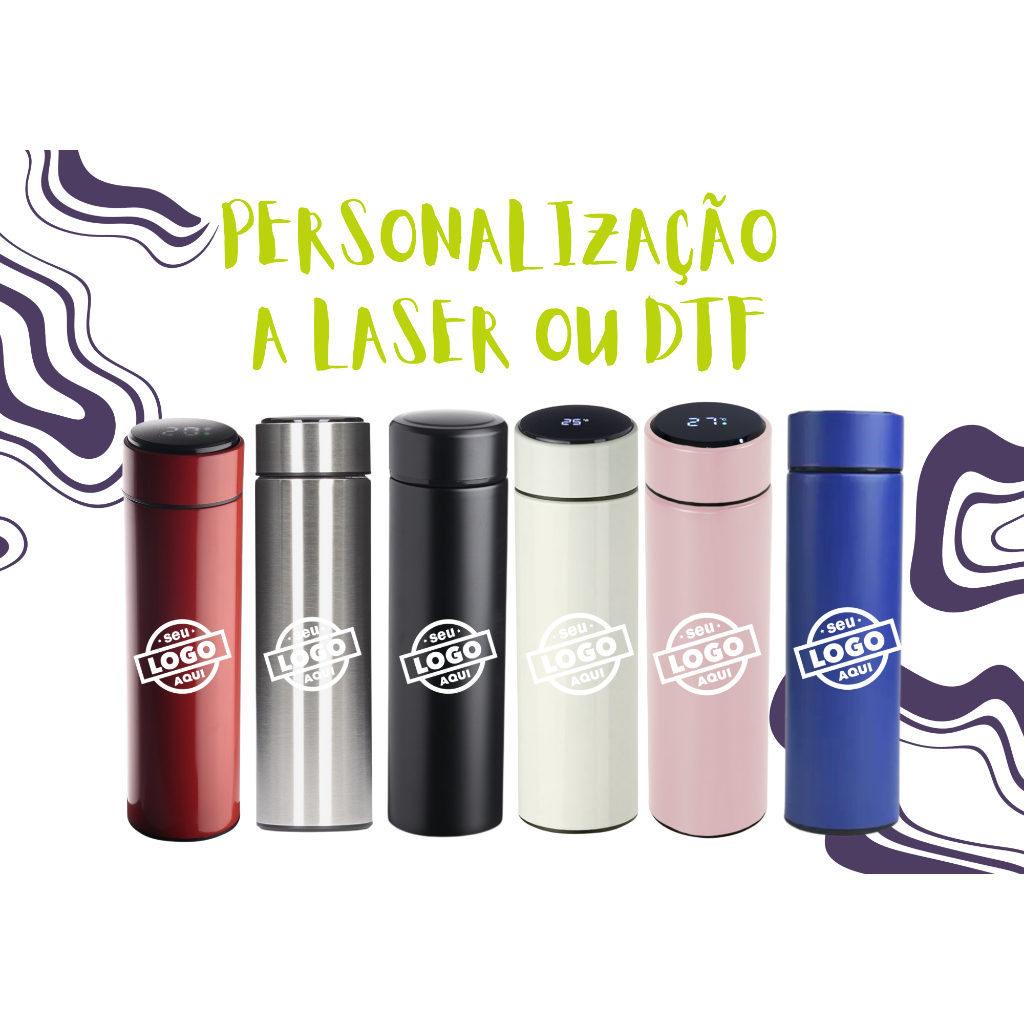 Kit 5 Garrafas Térmicas Personalizadas a laser ou DTF (logo colorida) de Inox LED Termômetro Sensor temperatura sua logo
