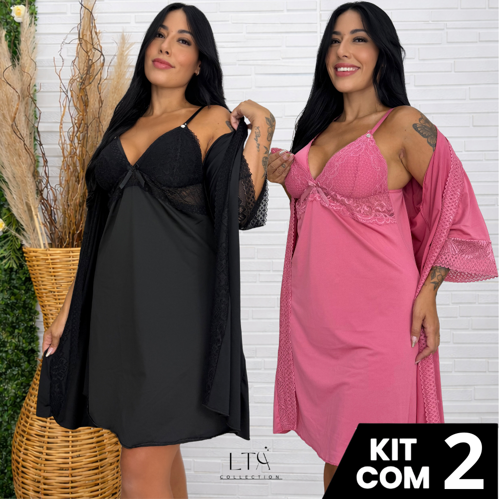 Kit 1 Robe Roupão e 1 Camisolas Amamentação Pós Parto Renda Vestido Dormir Maternidade Gestante em Oferta na Shopee