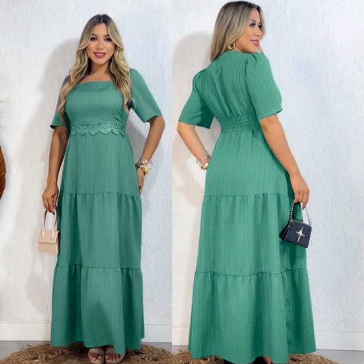 Vestido Longo feminino \tres marias\ manga princesa,\ com detalhe  na cintura\ em Oferta na Shopee