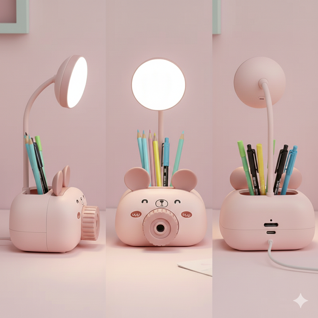 Apontador com Luminária LED de Mesa USB Animais e Porta Caneta 3 em 1