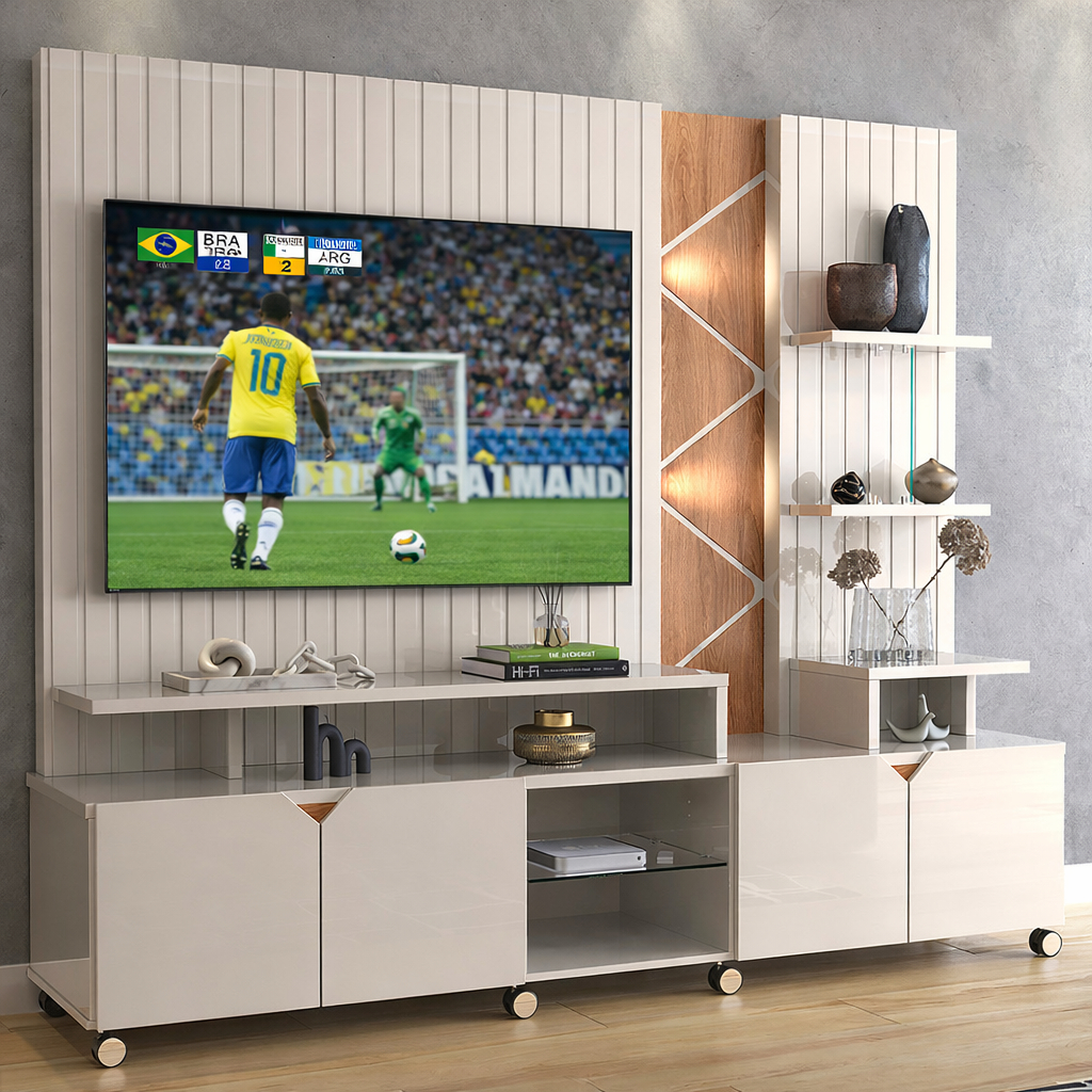 Rack Home Estante Para Tv 55" Lukaliam Móveis Home Cross Frisado 2,10m Off White Jequitiba