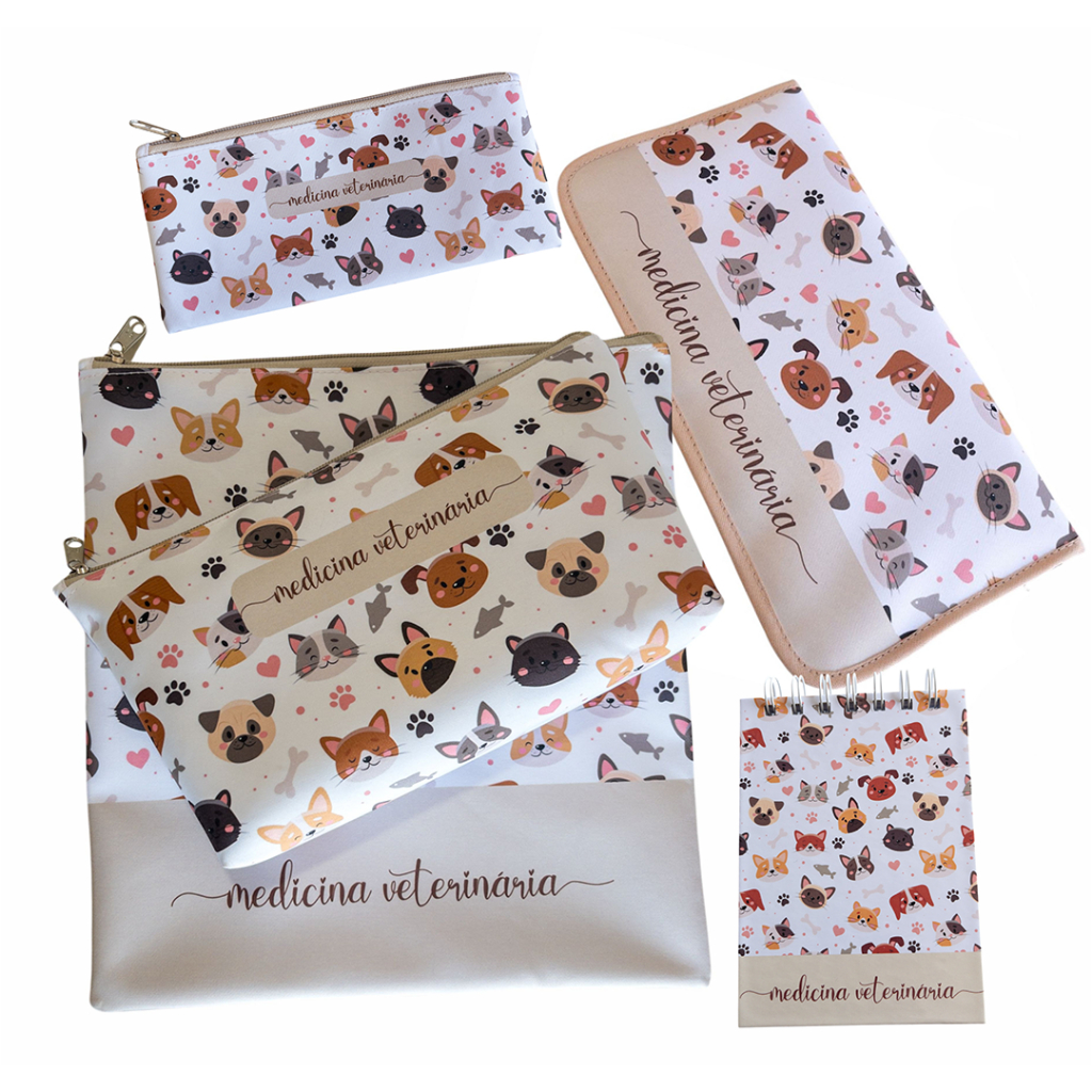 Kit Medicina Veterinária 5 Itens Porta Jaleco Necessaire Porta Esteto Bloquinho e Estojo