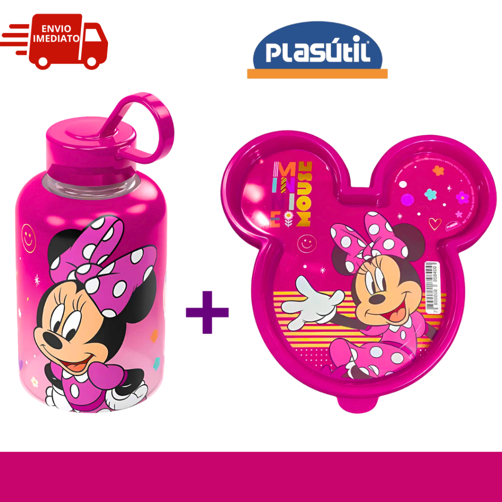 Pote Marmita Rosto Minnie Rosa e Garrafa Com Alça 120ML Garrafinha Lancheira Plasútil Kit