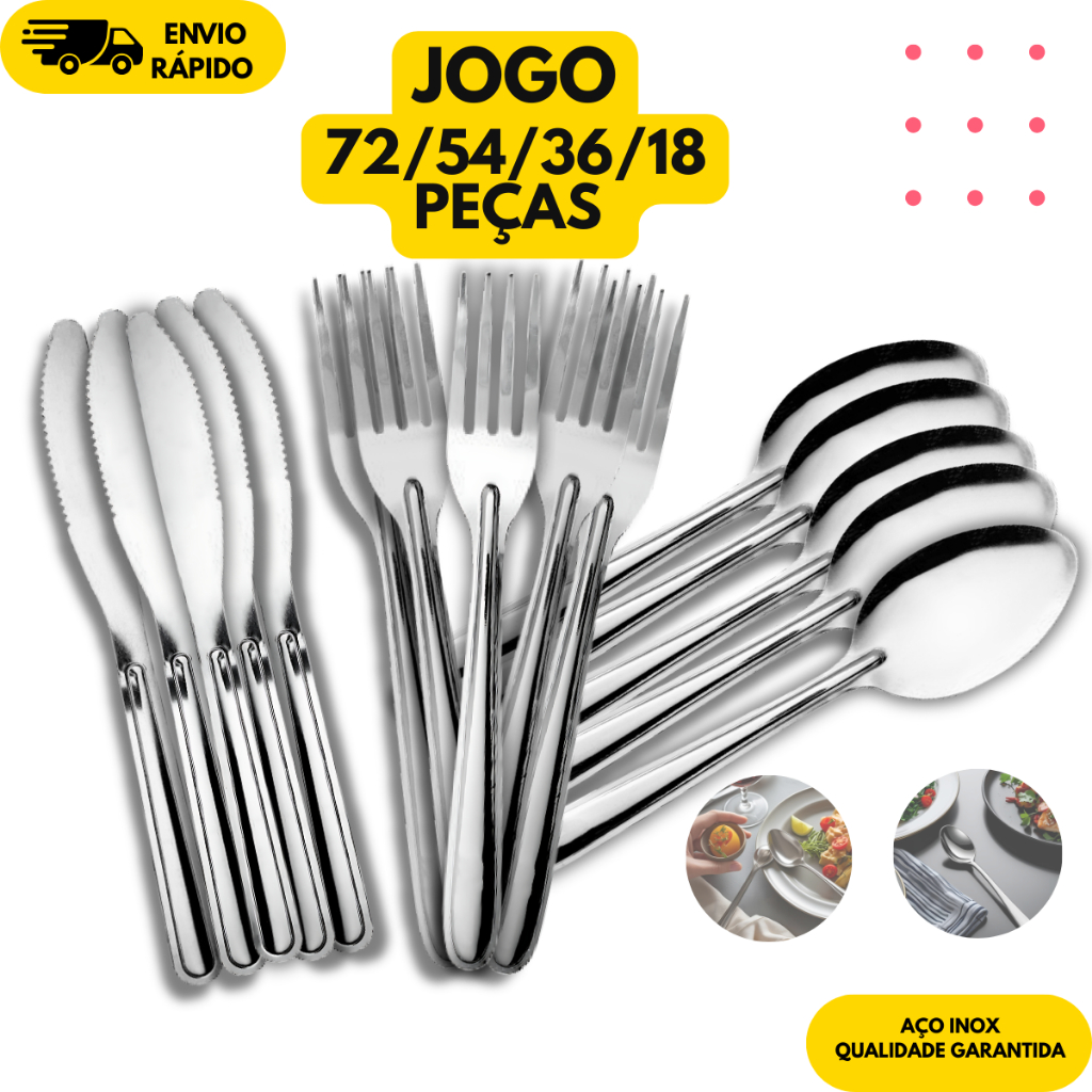 Kit Jogo de 72/54/36/18 Talheres Garfo Faca Colher Aço Inox Cozinha Jantar Restaurante Buffet Bar