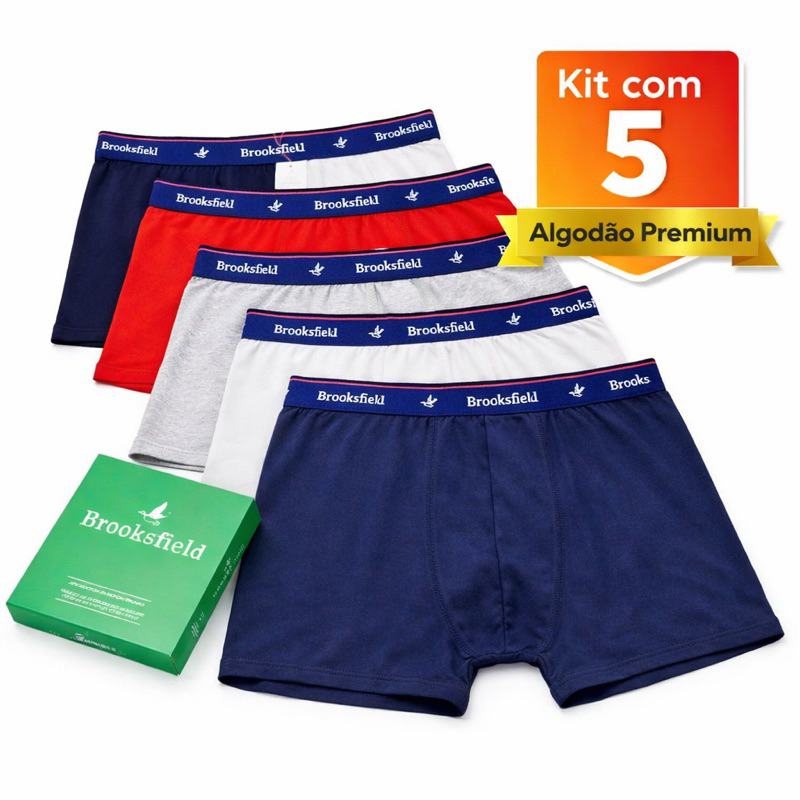 KIT 5 CUECA BOXER BOX MASCULINA BROOKSFILD ALGODÃO PREMIUM