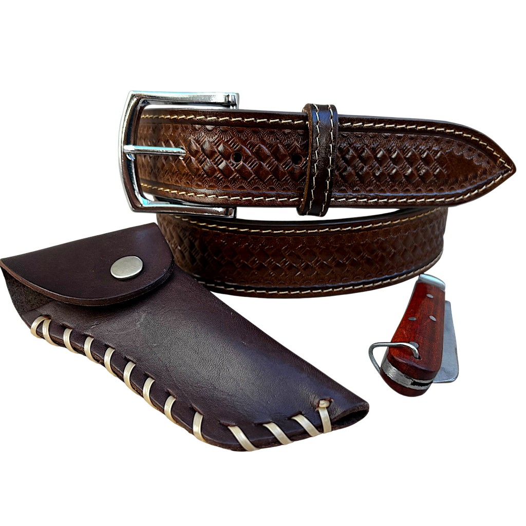 Kit Country Com Cinto de Couro 100% Legítimo + Bainha de canivete diferenciada de Couro + Canivete com Lâmina de inox