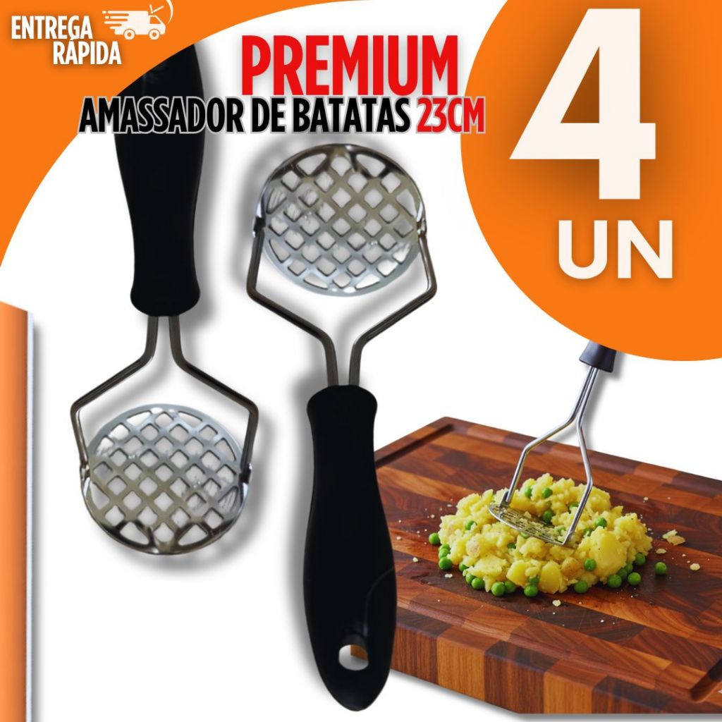 KIT 4 Amassador de Batata Inox Manual Resistente com Pressão Rápida Utilidades Premium Utilidades