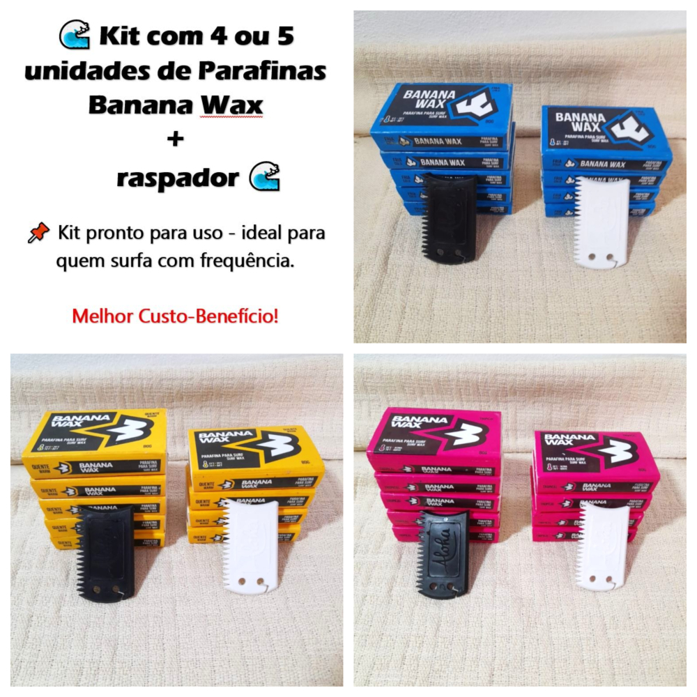 Kit Parafinas Banana Wax 80g água quente fria e tropical super aderência + raspador